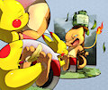 Commission - Pikachu tickling Mewmander by LKIWS